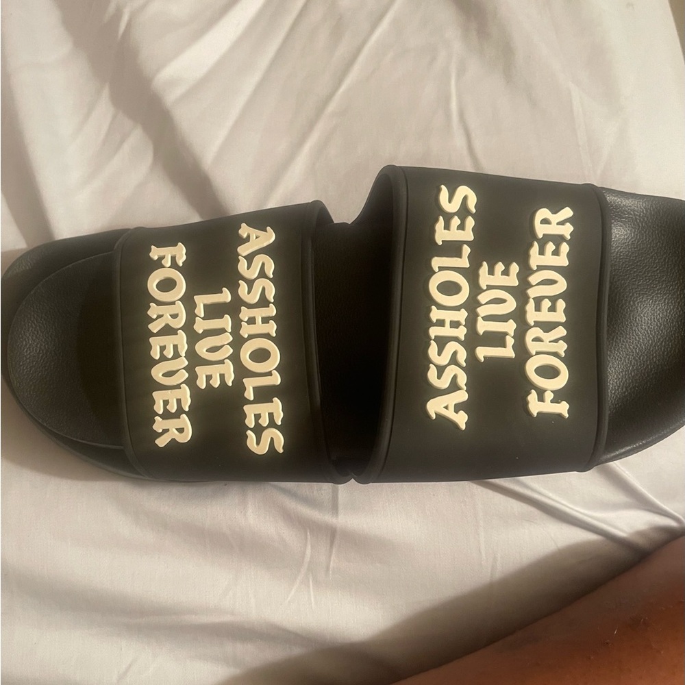 Black Slide Sandals with Bold Text
